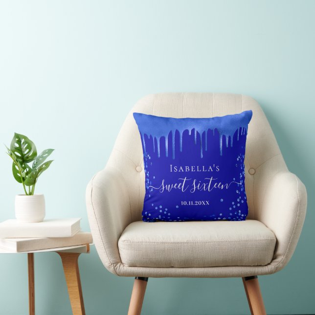 Sweet 16 royal blue drips name script kussen (Stoel)