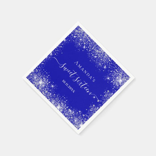 Sweet 16 royal blue zilver glitter stofmonogram servet (Hoek)