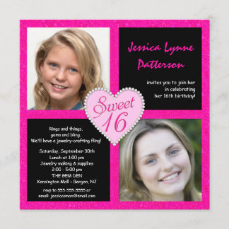 Sweet 16 Roze Black Bling Heart Photo-uitnodiginge Kaart