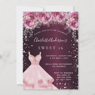Sweet 16 roze bordeaux glitter jurk bloemenkledij kaart