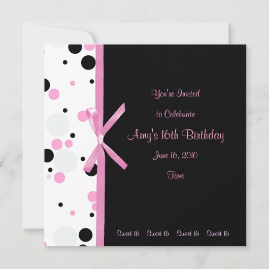 Sweet 16 Roze en Black Polka Dot Invitation Kaart (Voorkant)