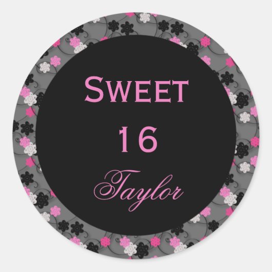 Sweet 16 Roze en Zwarte Sticker (Voorkant)