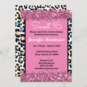 Sweet 16 Roze Glitter Colorful Leopard Print Wild Kaart