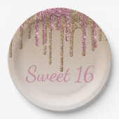 Sweet 16 roze Gold Glitter Drip Script Ombré Papieren Bordje (Voorkant)