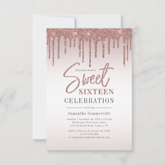 Sweet 16 Roze Goud Glitter Script Verjaardagsfeest Kaart (Voorkant)