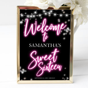 Sweet 16 Roze Neon Thema Welkom Bord Poster