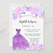 Sweet 16 roze paarse bloemen jurk kaart (Voorkant)