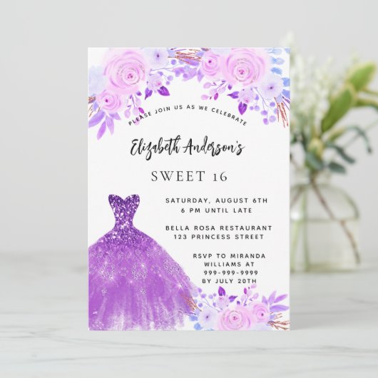 Sweet 16 roze paarse bloemen jurk kaart (Staand voorkant)