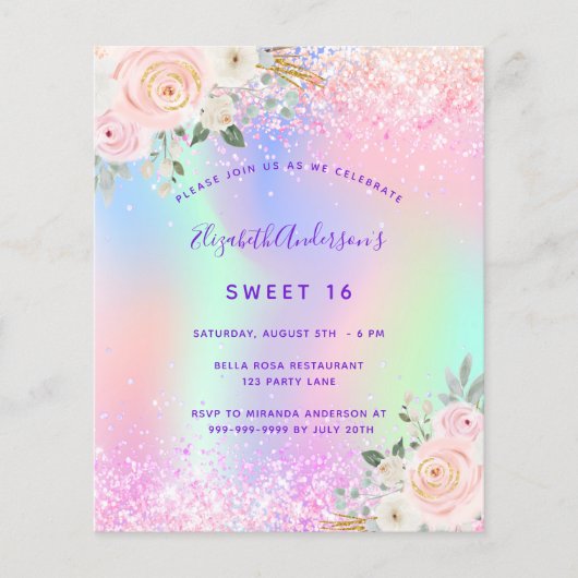 Sweet 16 roze paarse Floral invitasjon (Voorkant)
