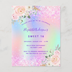 Sweet 16 roze paarse glitter floral budget flyer