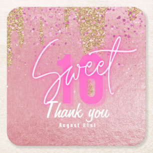 Sweet 16 Roze Party Food Servies Gepersonaliseerd Vierkante Kartonnen Onderzetter