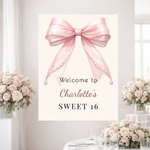 Sweet 16 roze strik roomkleurige parels welkom poster