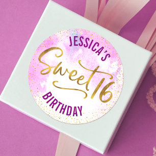 Sweet 16 Roze Waterverf Gouden Glam Script Verjaar Ronde Sticker