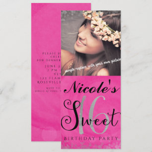 Sweet 16 Roze Zilver & Zwart Foto Uitnodiging