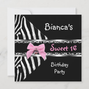 Sweet 16 Roze Zilver Zwart Zebra Luipaard Verjaard Kaart
