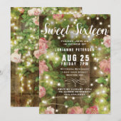 Sweet 16 Rustic Floral String Light Birthday Party Kaart (Voorkant / Achterkant)