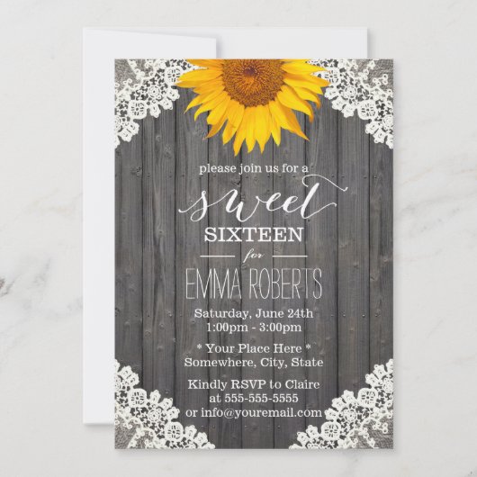  Sweet 16 Rustic Sunflower Laced Barn Wood Kaart (Voorkant)