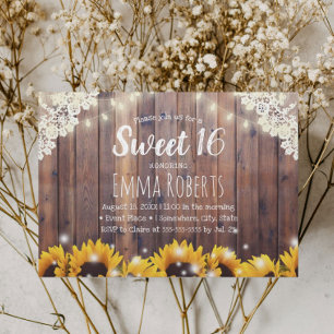 Sweet 16 Rustic Sunflower & String Lights Kaart