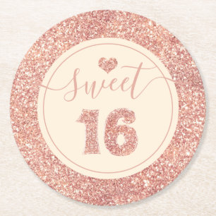 Sweet 16 Salmon Pink Faux Glitter Verjaardagsfeest Ronde Kartonnen Onderzetter