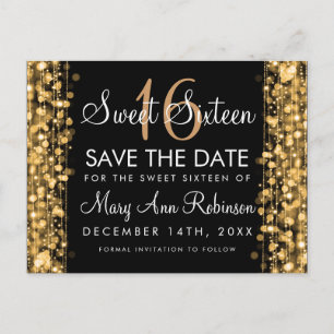 Sweet 16 Save The Date Party Sparkles Gold Aankondigingskaart