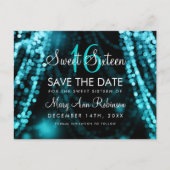 Sweet 16 "Save The Date" Turquoise String Lights Aankondigingskaart (Voorkant)