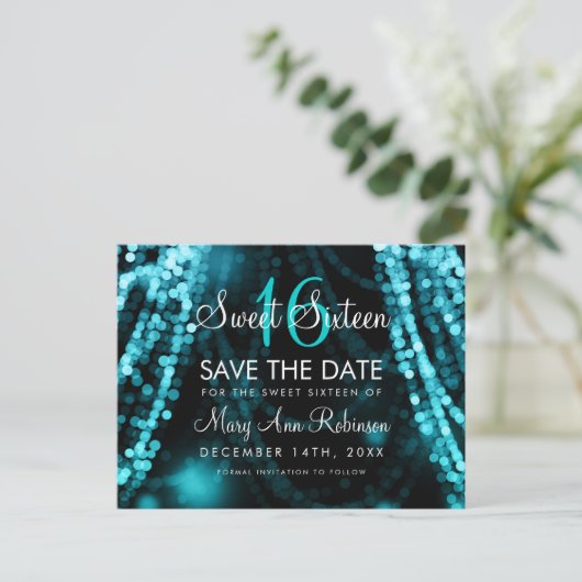 Sweet 16 "Save The Date" Turquoise String Lights Aankondigingskaart (Staand voorkant)