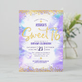 Sweet 16 Script Paarse Waterverf Glam Real Gold Folie Uitnodiging (Staand Voorkant)