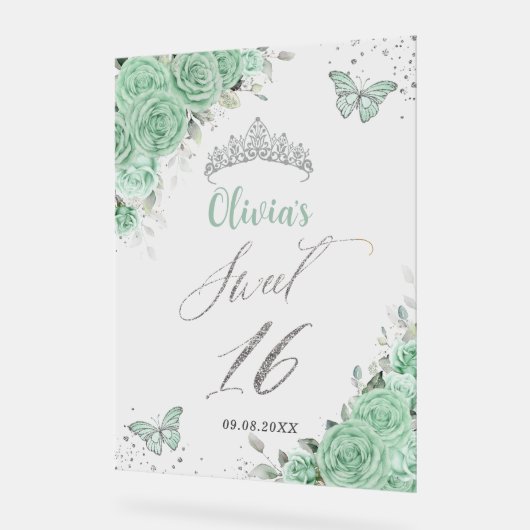 Sweet 16 Seize Mint Vert Floral Argent Bienvenue (Angle)