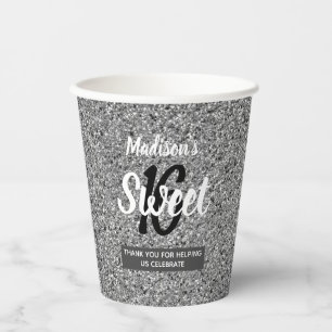 Sweet 16 Silver Black Glitter, speciaal gepersonal Papieren Bekers