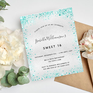 Sweet 16 Silver blauwgroen glitter-budgetuitnodigi Flyer