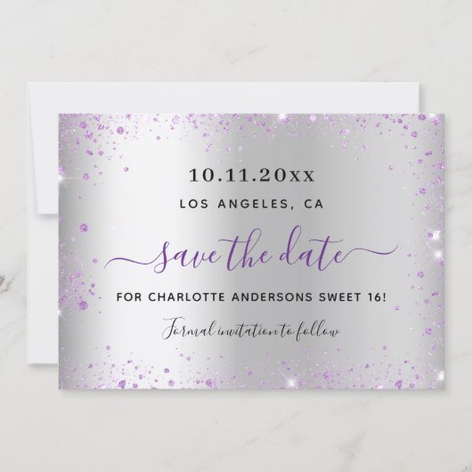 Sweet 16 silver lavender save the date card (Voorkant)