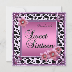 Sweet 16 Sixteen Birthday Pink Flower Pink Black Kaart