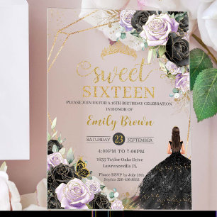Sweet 16 Sixteen Black Dress Lila Floral Gold Acryl Uitnodigingen