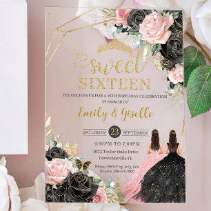Sweet 16 Sixteen Black Dress Pink Floral Gold Twin Acryl Uitnodigingen