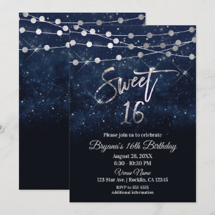 Sweet 16 Sixteen Blauw & Zilver Glitter Lichtjes Kaart