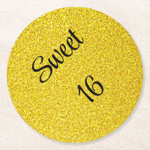 Sweet 16 Sixteen Gold Glitter Verjaardagsfeestje Ronde Kartonnen Onderzetter