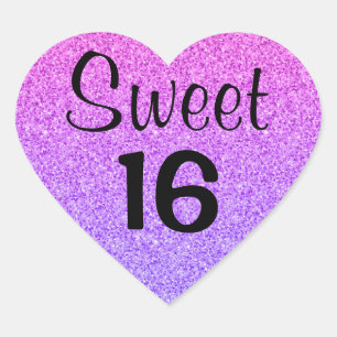Sweet 16 Sixteen Ombre Paarse Glitter Sparkles Hart Sticker