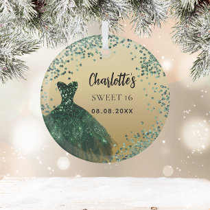 Sweet 16 smaragdgroene gouden jurk glas ornament