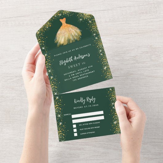 Sweet 16 smaragdgroene goudjurk glitter RSVP All In One Uitnodiging (Afscheurbaar)