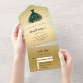 Sweet 16 smaragdgroene goudjurk glitter RSVP All In One Uitnodiging (Afscheurbaar)