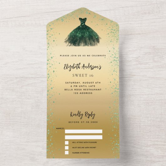Sweet 16 smaragdgroene goudjurk glitter RSVP All In One Uitnodiging (Binnen)