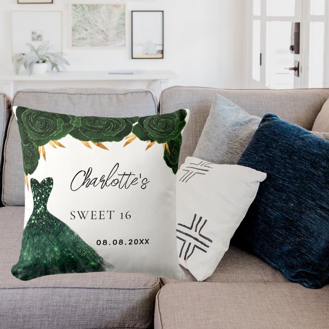 Sweet 16 smaragdgroene jurk bloemen wit kussen (Creator heeft geüpload)