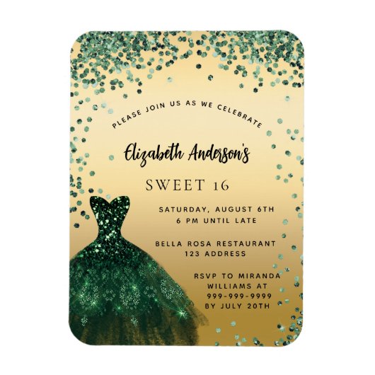 Sweet 16 smaragdgroene jurk luxe uitnodiging magneet (Verticaal)