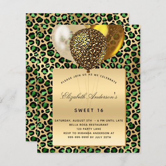 Sweet 16 smaragdgroene luipaard ballon uitnodiging (Voorkant / Achterkant)