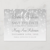 Sweet 16 Sparkle Lights, datum Silver Bokeh Aankondigingskaart (Voorkant)