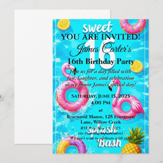 Sweet 16 Splash Bash : Invitation de la fête de pi (Devant / Derrière)