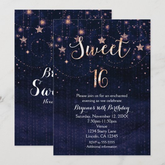 Sweet 16 Starry Night Purple & Gold Invitation (Devant / Derrière)