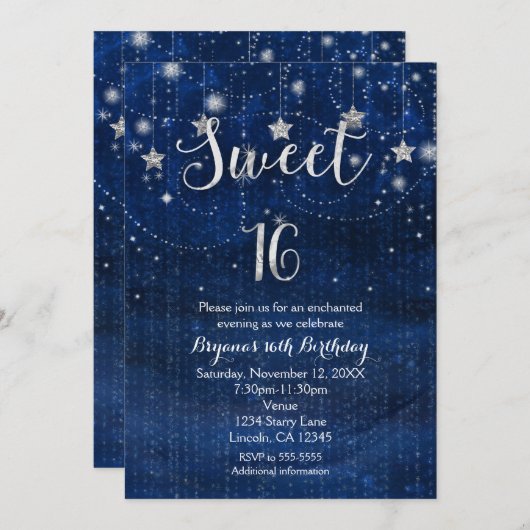 Sweet 16 Starry Night Silver & Blue Invitation (Devant / Derrière)
