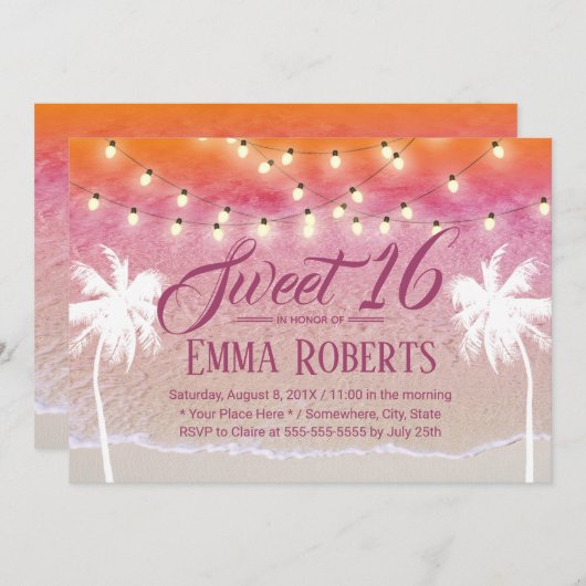 Sweet 16 String Licht Roze Beach Palm Trees Kaart (Voorkant / Achterkant)