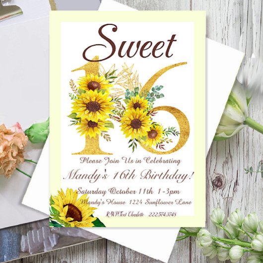 Sweet 16 Sunflower Invitation d'anniversaire,